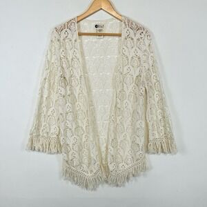 Billabong Crochet Cardigan Womens Medium Cream Fringe Lace Boho Festival Surf